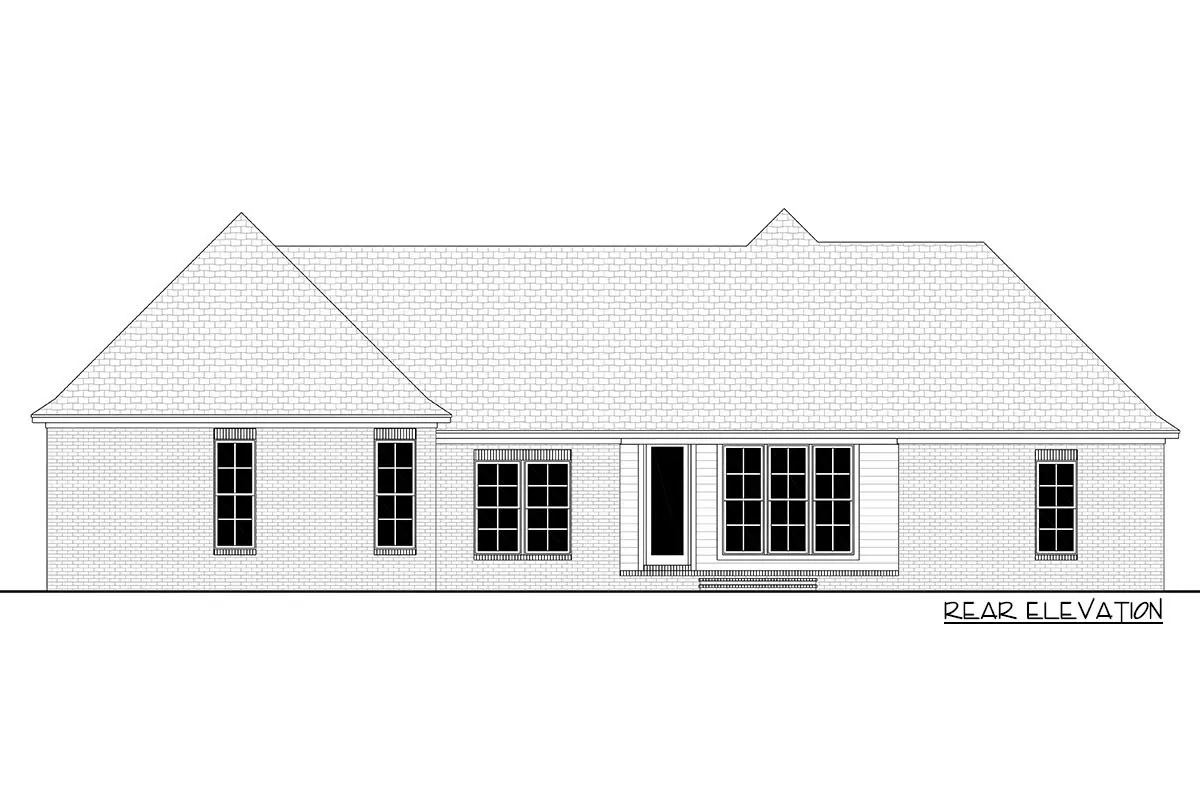 Rear elevation sketch of the single-story 4-bedroom New American house.