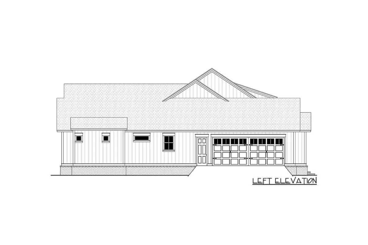 Left elevation sketch of the single-story 4-bedroom modern farmhouse.