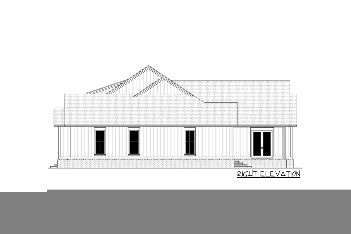 Right elevation sketch of the single-story 4-bedroom modern farmhouse.