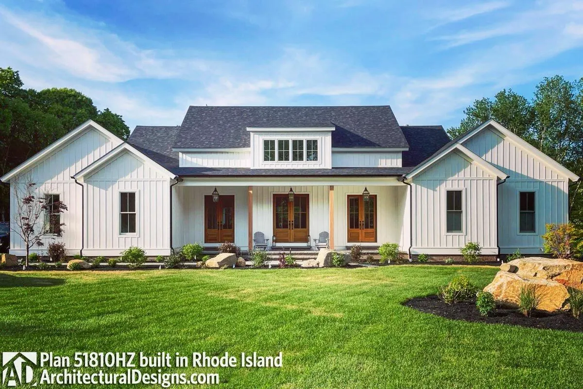 The three French doors in a farmhouse design look great on the porch.