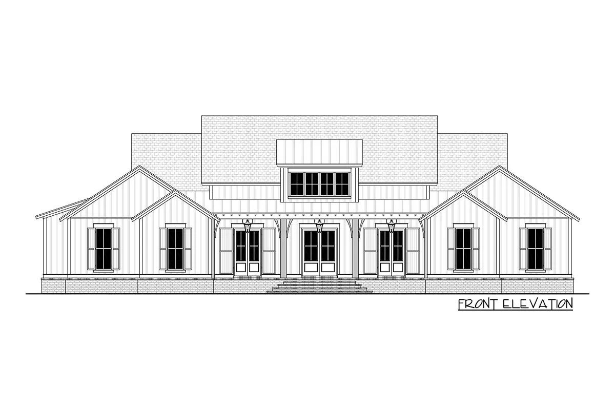Front elevation sketch of the single-story 4-bedroom modern farmhouse.