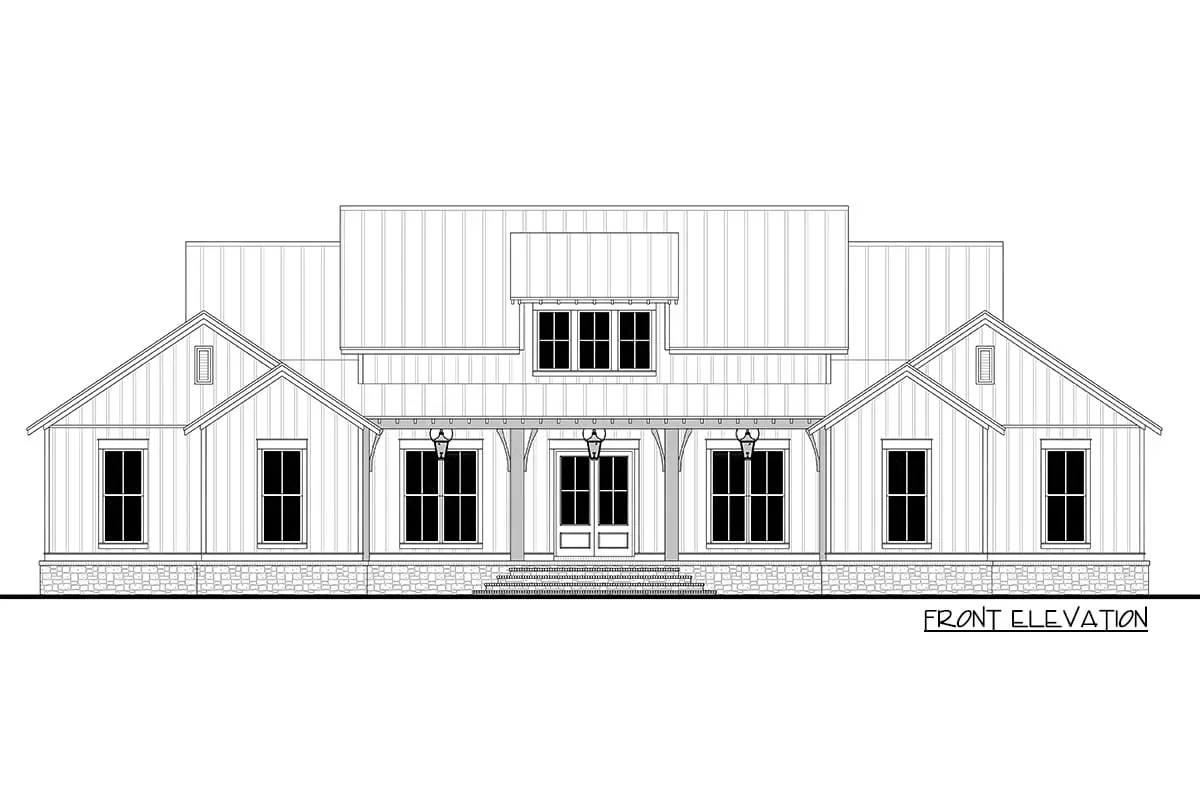 Front elevation sketch of the single-story 3-bedroom modern farmhouse.