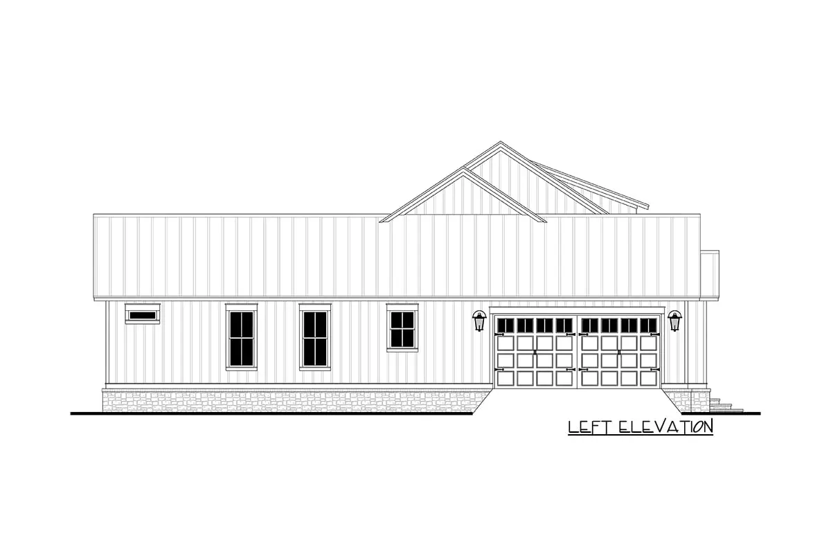 Left elevation sketch of the single-story 3-bedroom modern farmhouse.