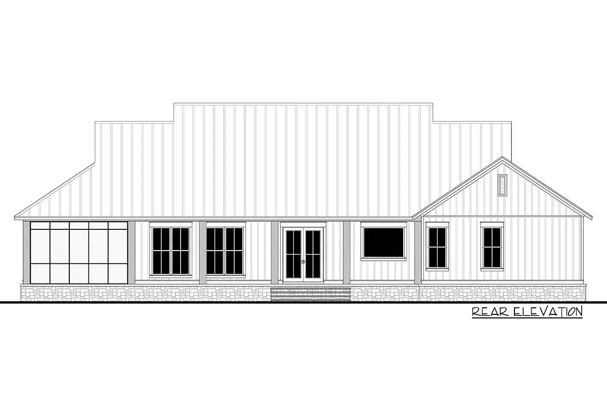 Rear elevation sketch of the single-story 3-bedroom modern farmhouse.