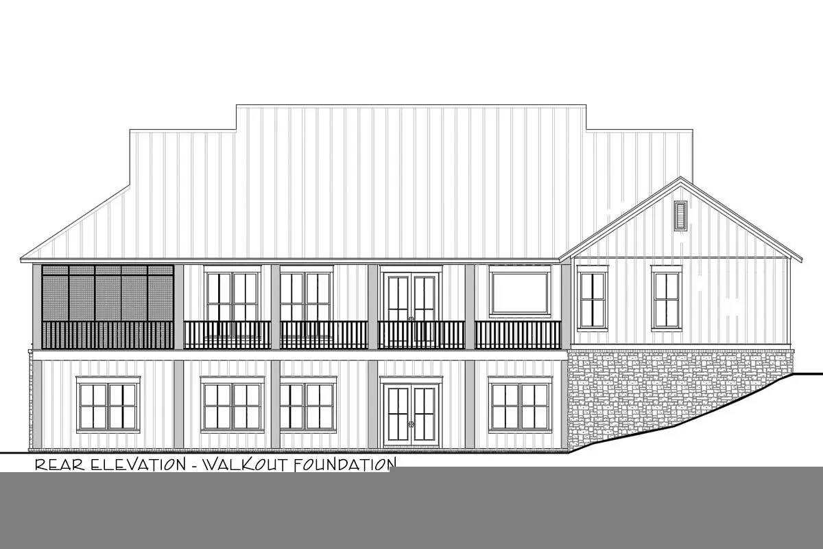 Rear elevation - walkout foundation elevation sketch of the single-story 3-bedroom modern farmhouse.