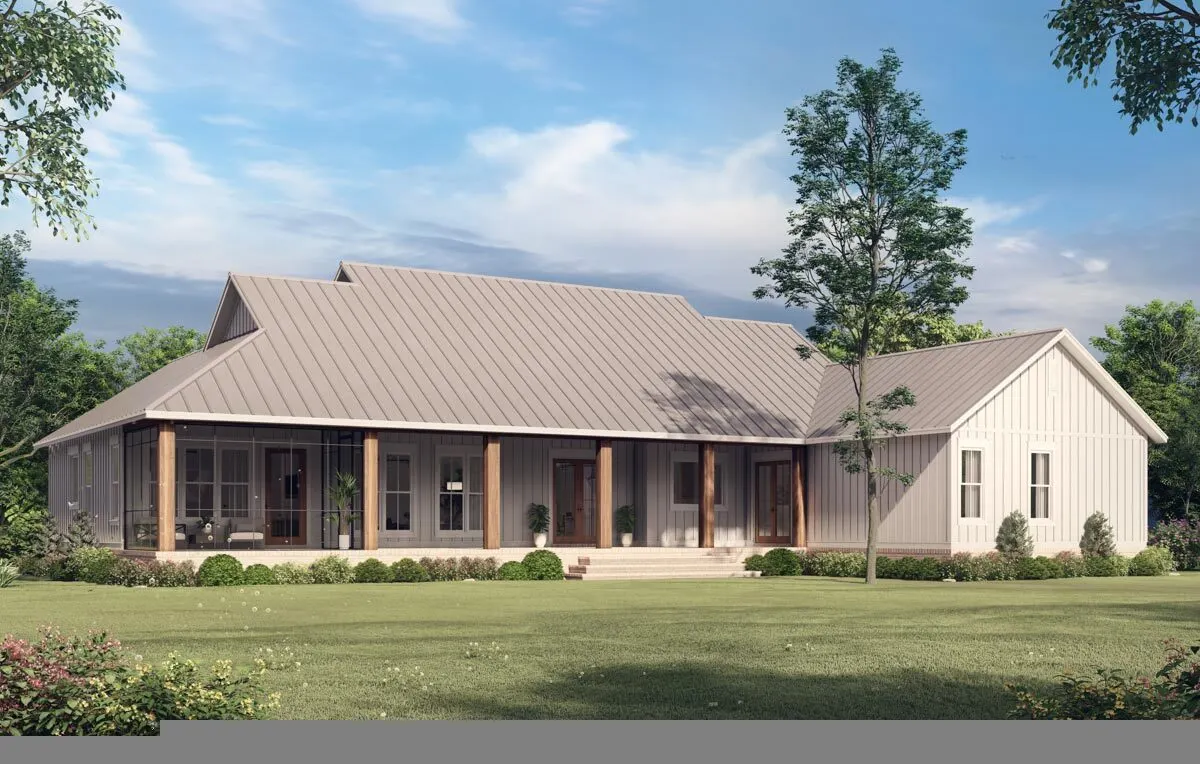 Back picture of the farmhouse, including the master bedroom area's screened-in porch.