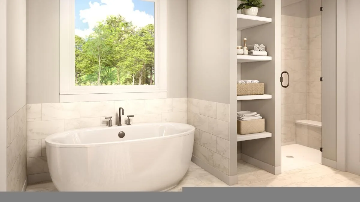 A bathroom with amenities, a glass shower, and a bathtub.
