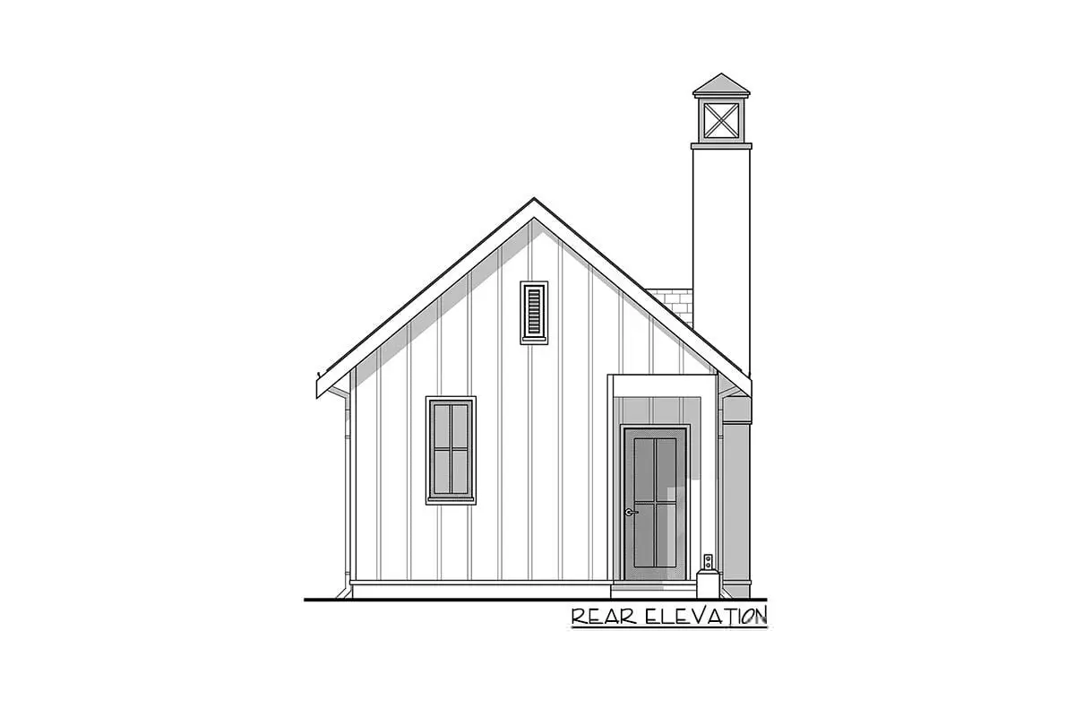 Rear elevation sketch of the single-story, one-bedroom tiny farmhouse.