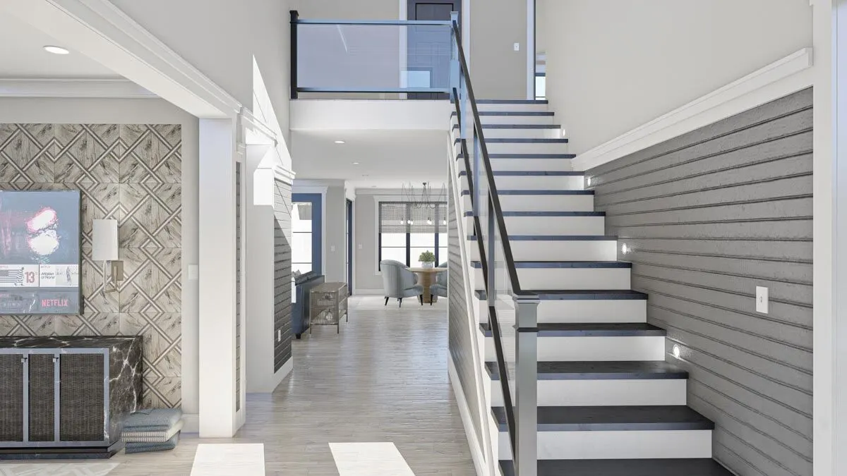 Interior of a classy home painted a light gray tone.