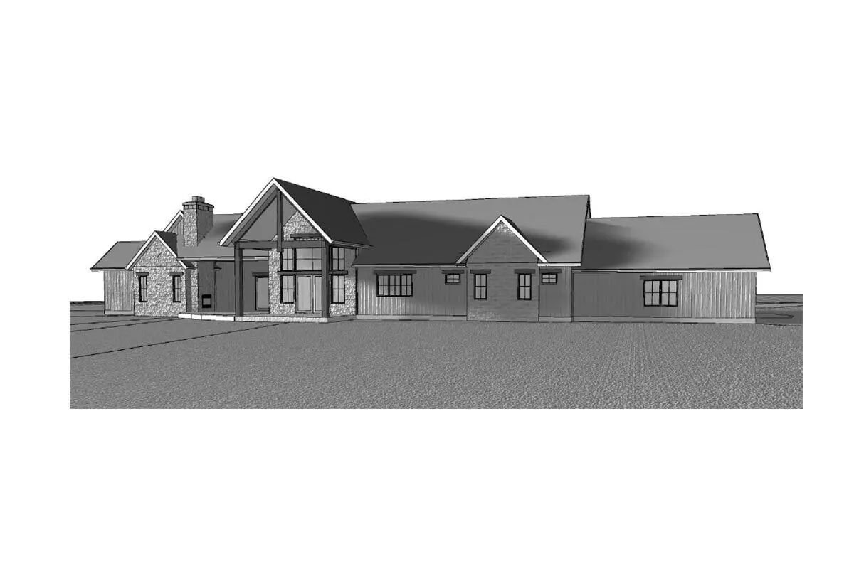 Drawing of the transitional mountain ranch home's rear-right area view.