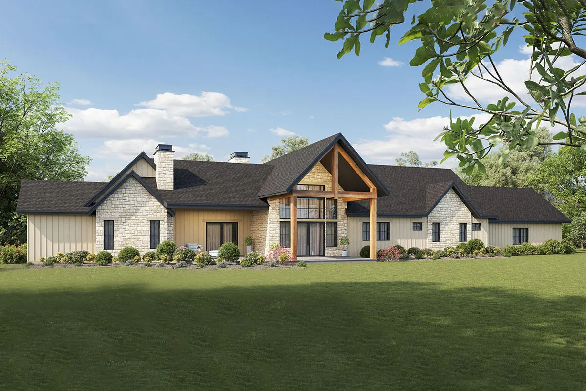 A high ceiling terrace in the back view of the home has a great effect on the outside.