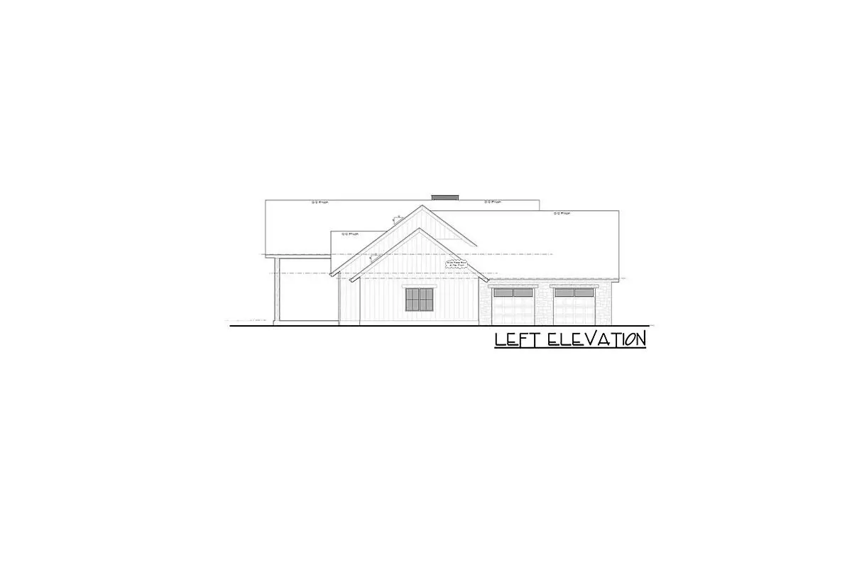 Sketch of the single-story 4-bedroom transitional mountain ranch home's left elevation.
