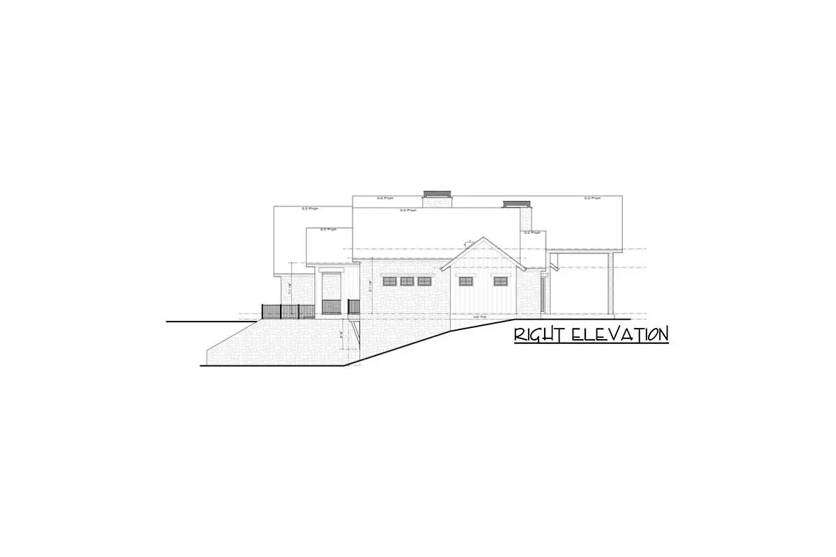 Sketch of the single-story 4-bedroom transitional mountain ranch home's right elevation.
