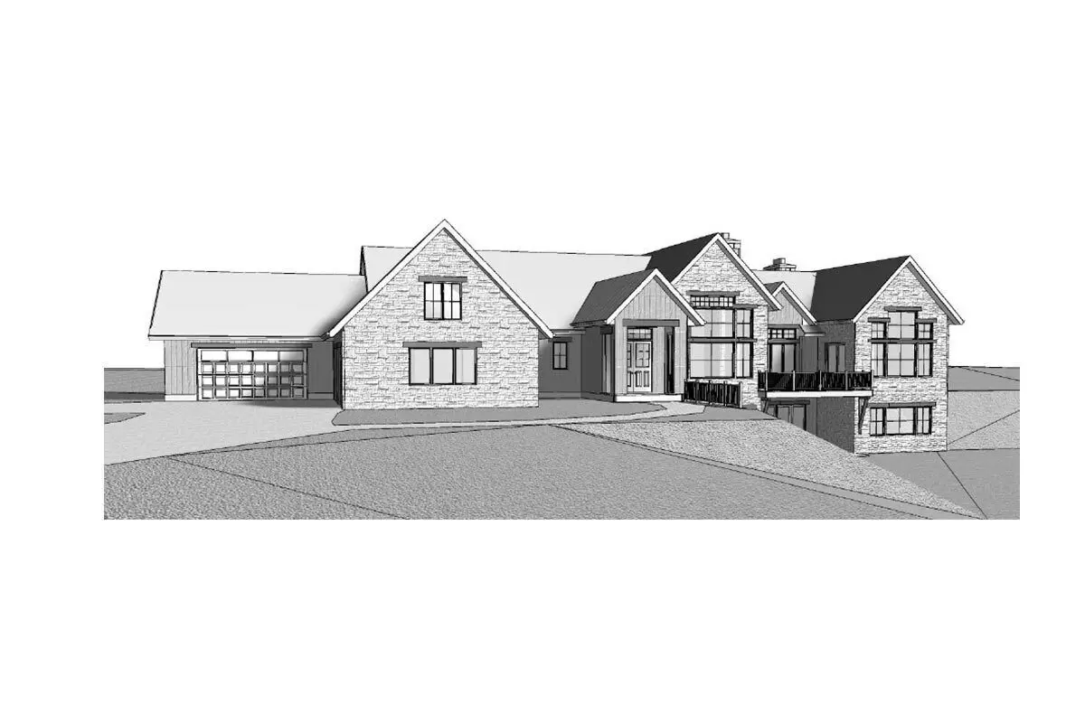 Drawing of the transitional mountain ranch home's front garage area view.