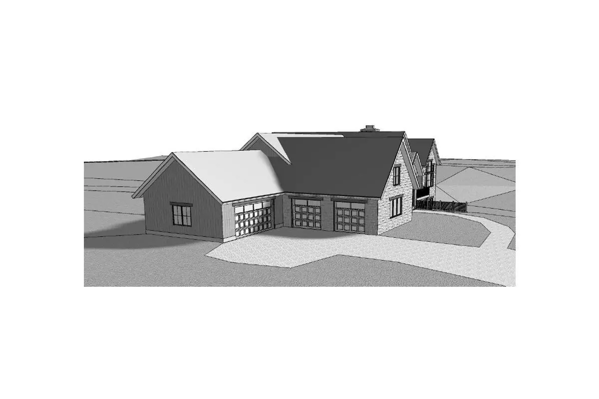 Drawing of the transitional mountain ranch home's left garage area view.