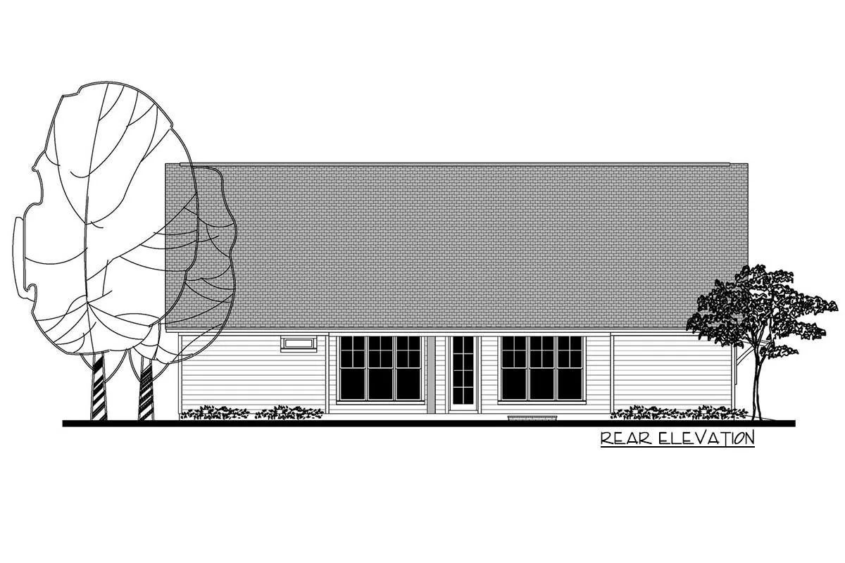 Sketch of the single-story, three-bedroom craftsman home from the rear elevation.