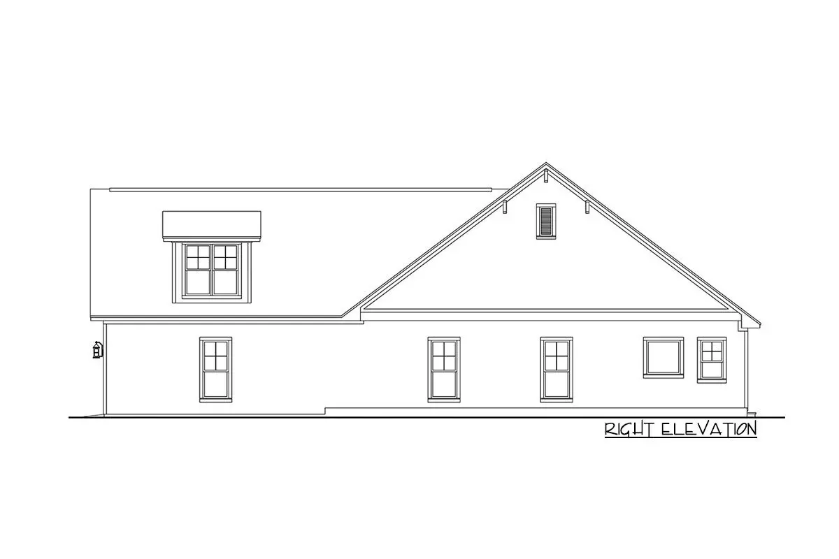 Sketch of the single-story, three-bedroom craftsman home from the right elevation.