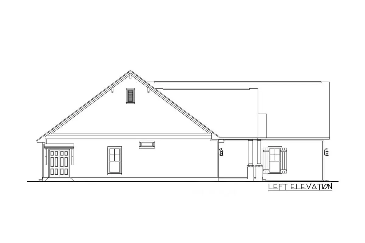 Sketch of the single-story, three-bedroom craftsman home from the left elevation.