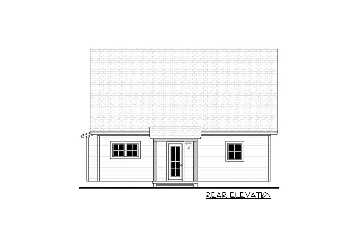 Rear elevation of a two-story, one-bedroom rustic vacation cabin.