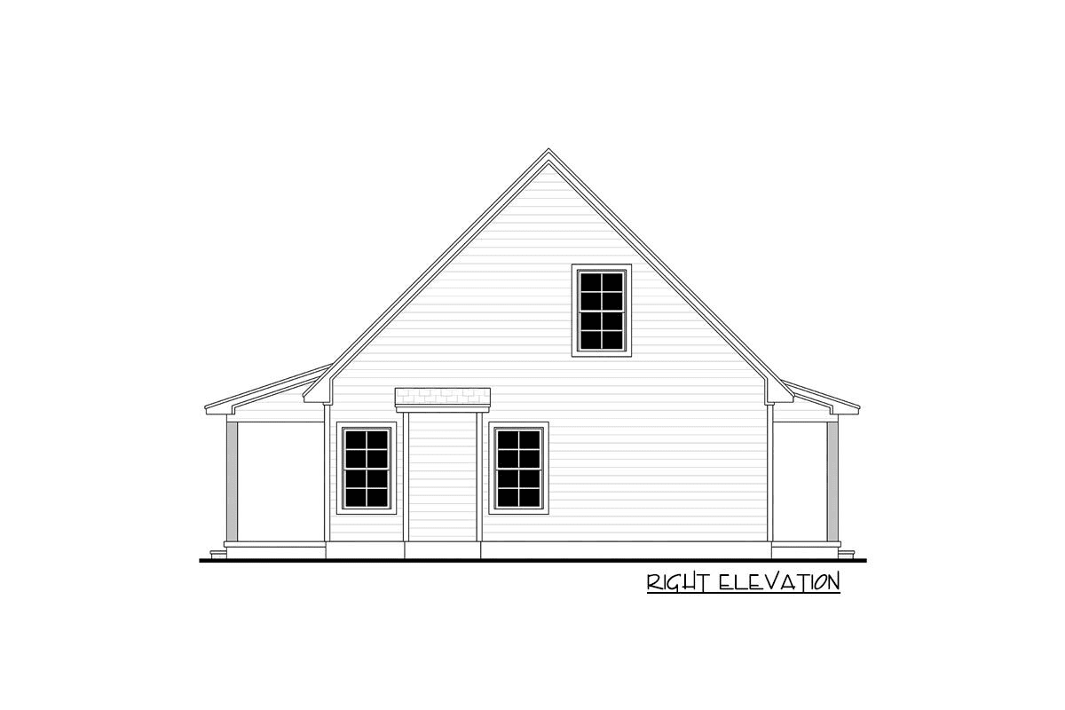 Right elevation of a two-story, one-bedroom rustic vacation cabin.