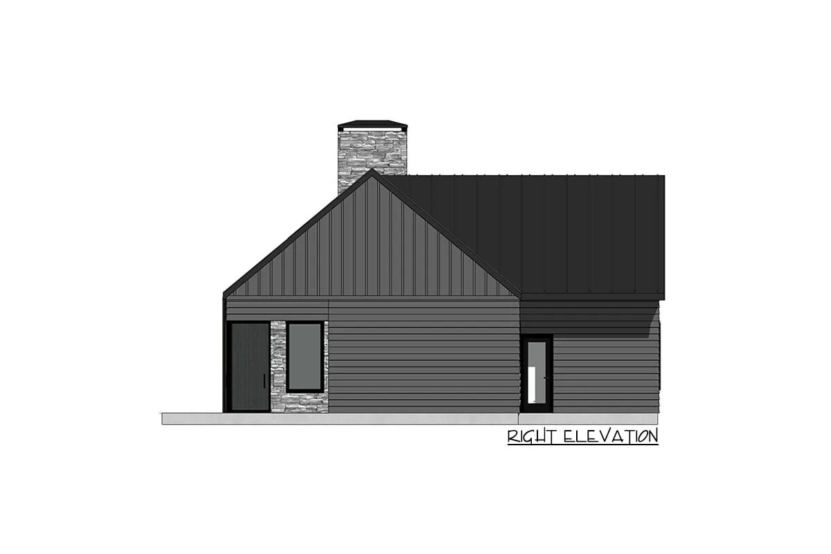 Right elevation sketch of the single-story 1-bedroom contemporary country cabin.