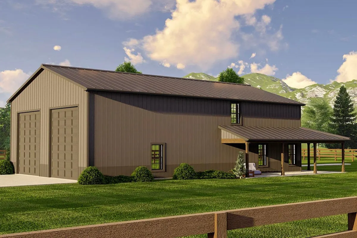 The back of the house features a sleek vertical siding style and huge garage doors.