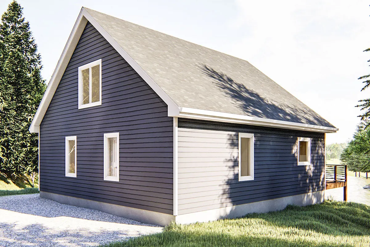 The back of the house has a traditional horizontal siding wall in a blue tone.