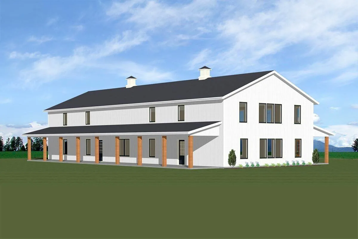 Left side view of the house with a magnificent look of window glass in a symmetric layout.