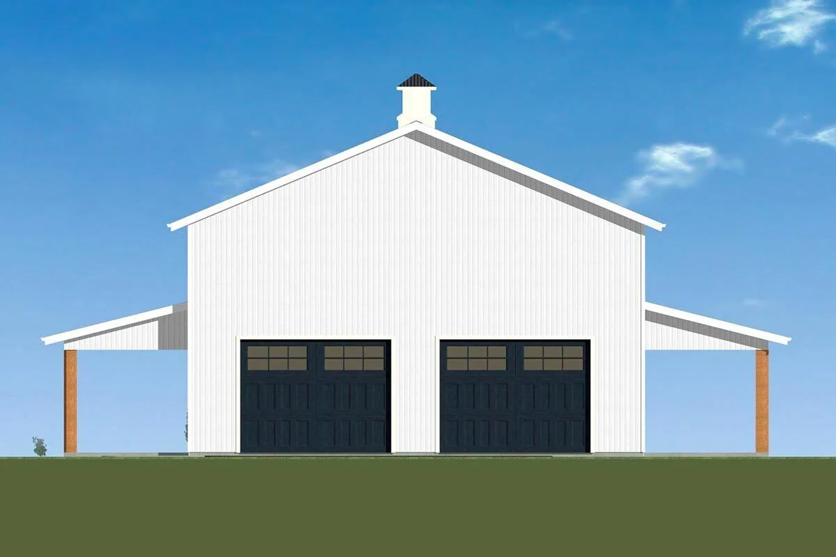 Two large, dark blue doors are located in a garage with a completely white and wood façade.