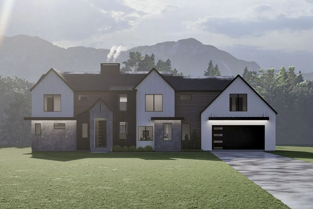 A two-car garage with a stylish door and driveway.