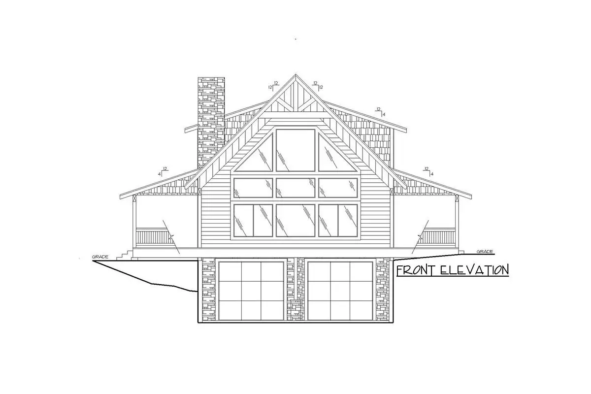 Sketch of the two-story, three-bedroom mountain country home's front elevation.