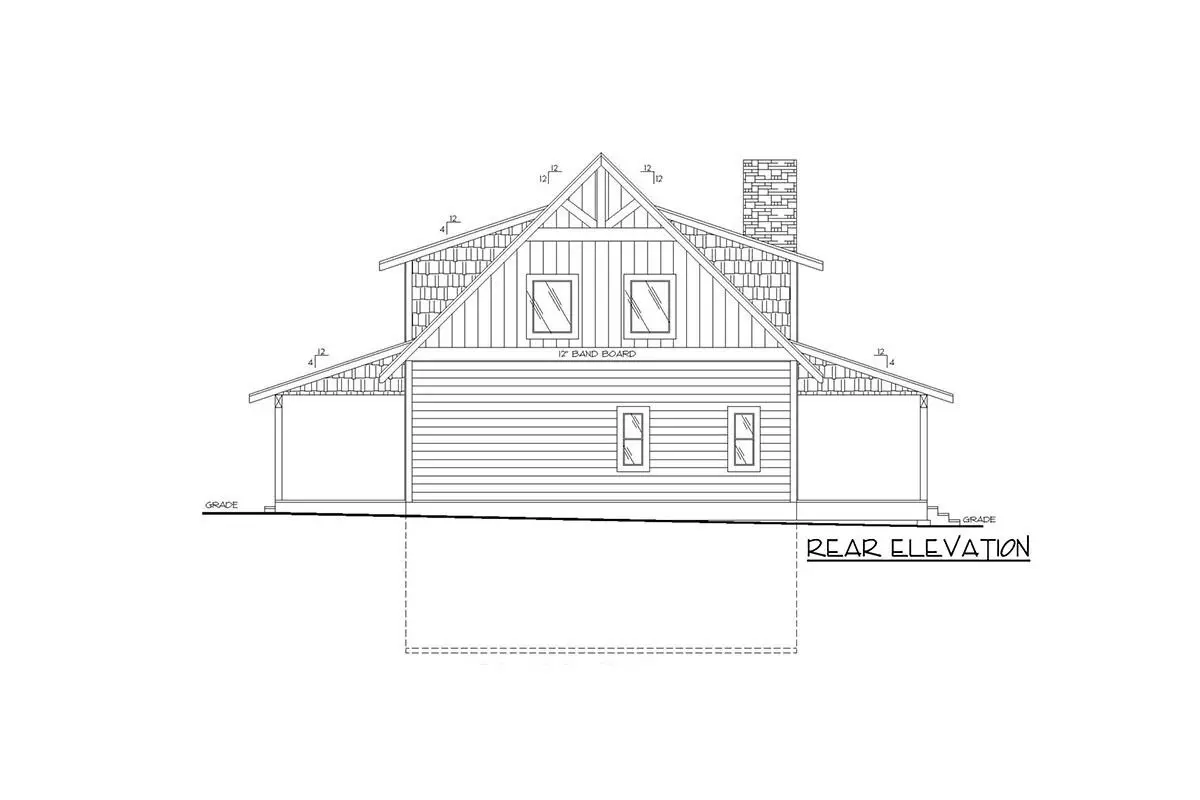 Sketch of the two-story, three-bedroom mountain country home's rear elevation.