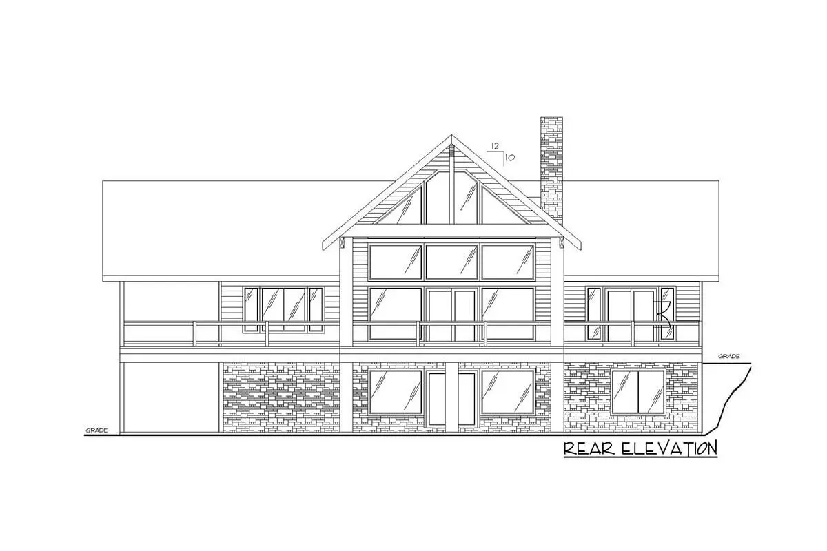 Rear elevation drawing of a two-story, two-bedroom mountain or lake home.