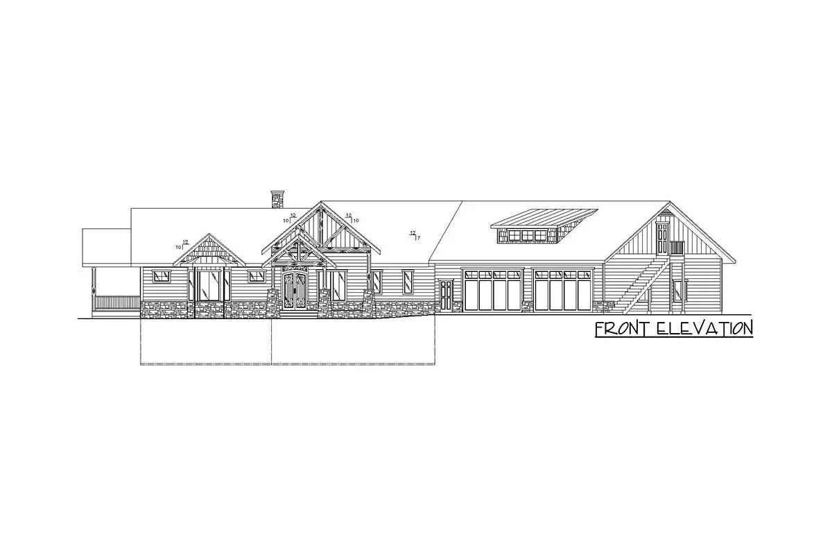 Sketch of the angled ranch house's single-story, two-bedroom front elevation.