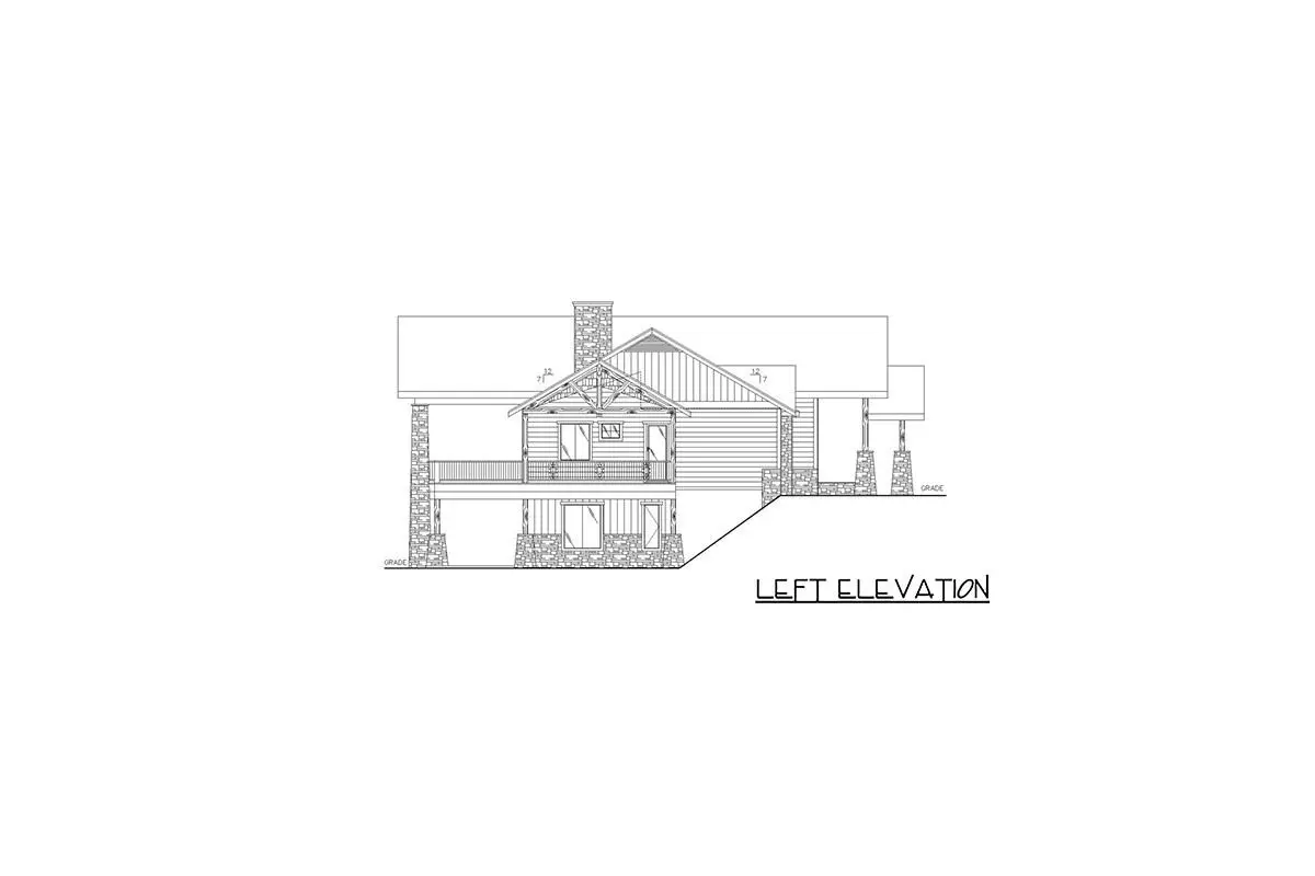 Sketch of the angled ranch house's single-story, two-bedroom left elevation.