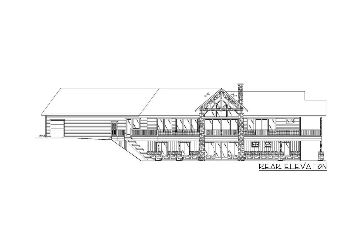Sketch of the angled ranch house's single-story, two-bedroom rear elevation.