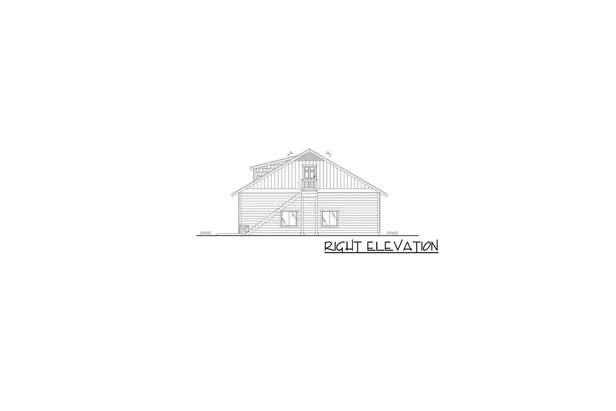 Sketch of the angled ranch house's single-story, two-bedroom right elevation.