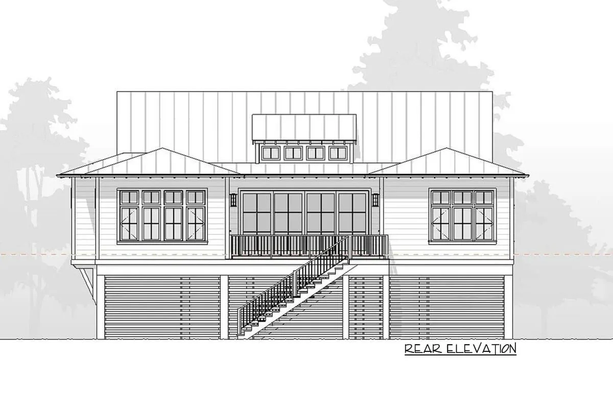Sketch of the two-story, three-bedroom beach house's rear elevation.