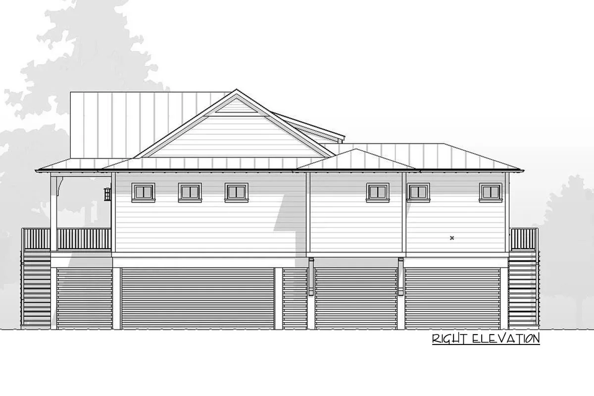 Sketch of the two-story, three-bedroom beach house's right elevation.