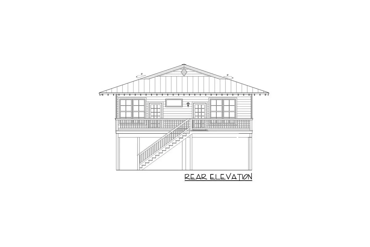 The single-story 3-bedroom beach bungalow house's rear elevation.