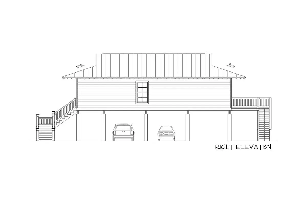 The single-story 3-bedroom beach bungalow house's right elevation.