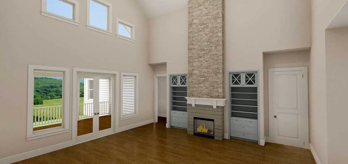 Between two pale blue shelves is the fireplace with a stone pattern.