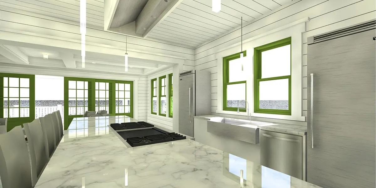 Kitchen room with a stovetop in the center of the island's marble counter table.
