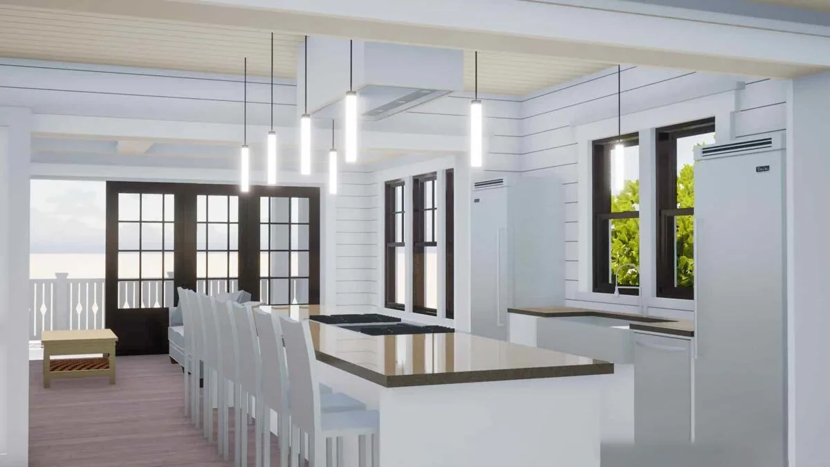 Kitchen with beautiful lighting and a huge island with a brown marble tabletop.