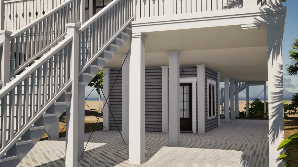 Parking in a wide lower-level area with strong pillar supports.