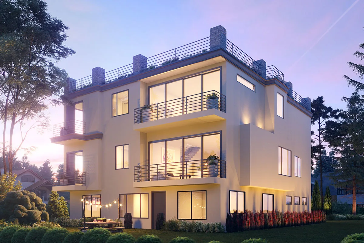 A view of the house with a visible covered porch space and balcony.