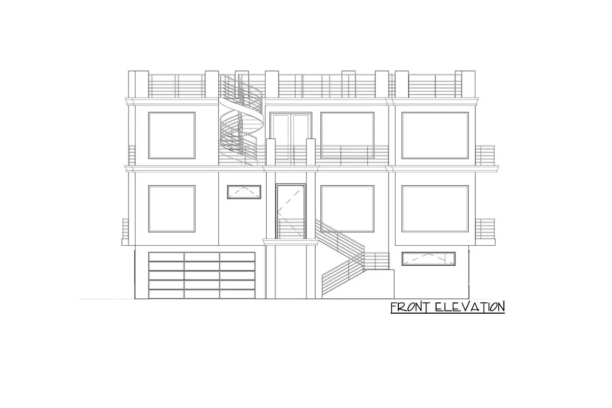 Sketch of the 3-story, 7-bedroom contemporary home's front elevation.