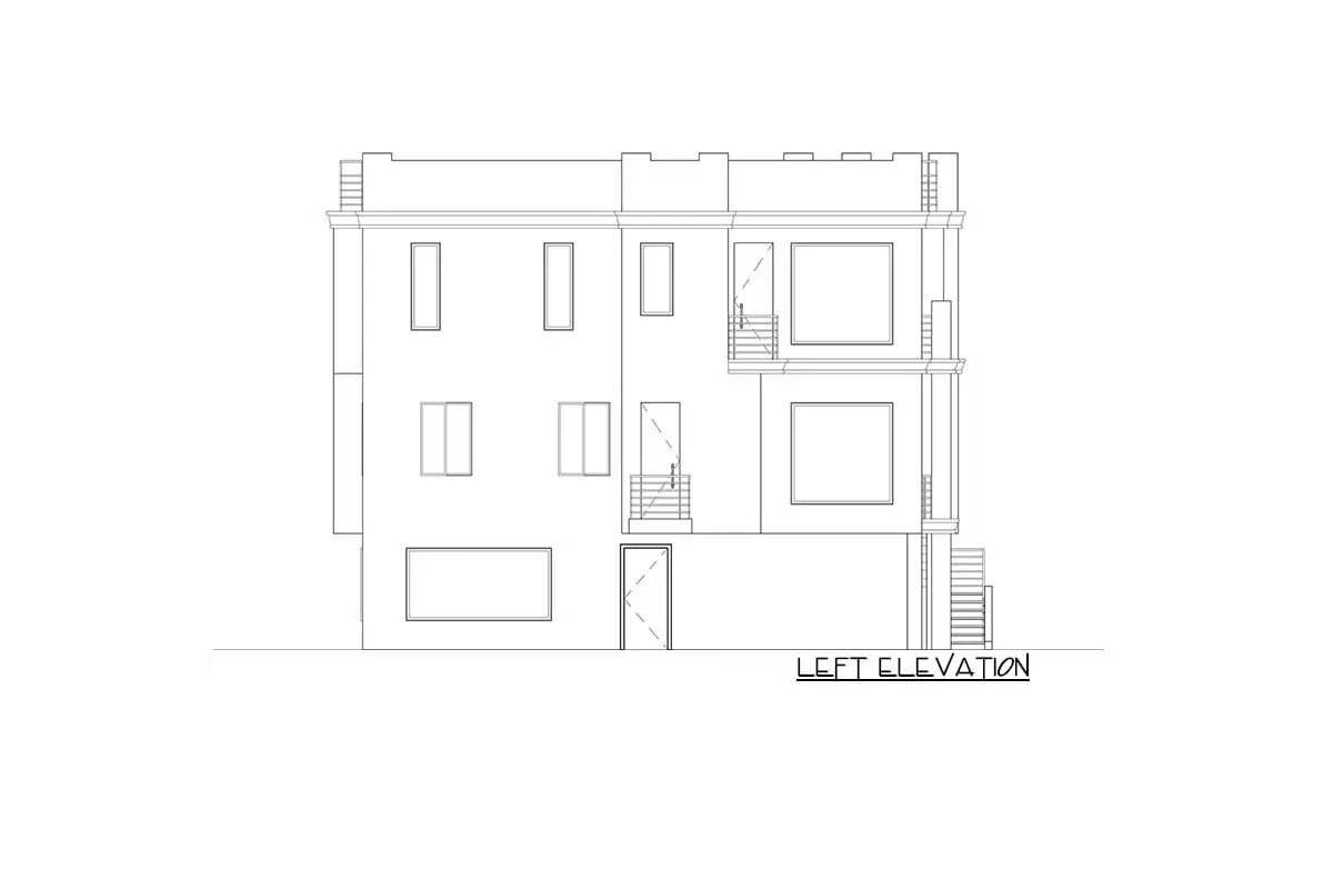 Sketch of the 3-story, 7-bedroom contemporary home's left elevation.