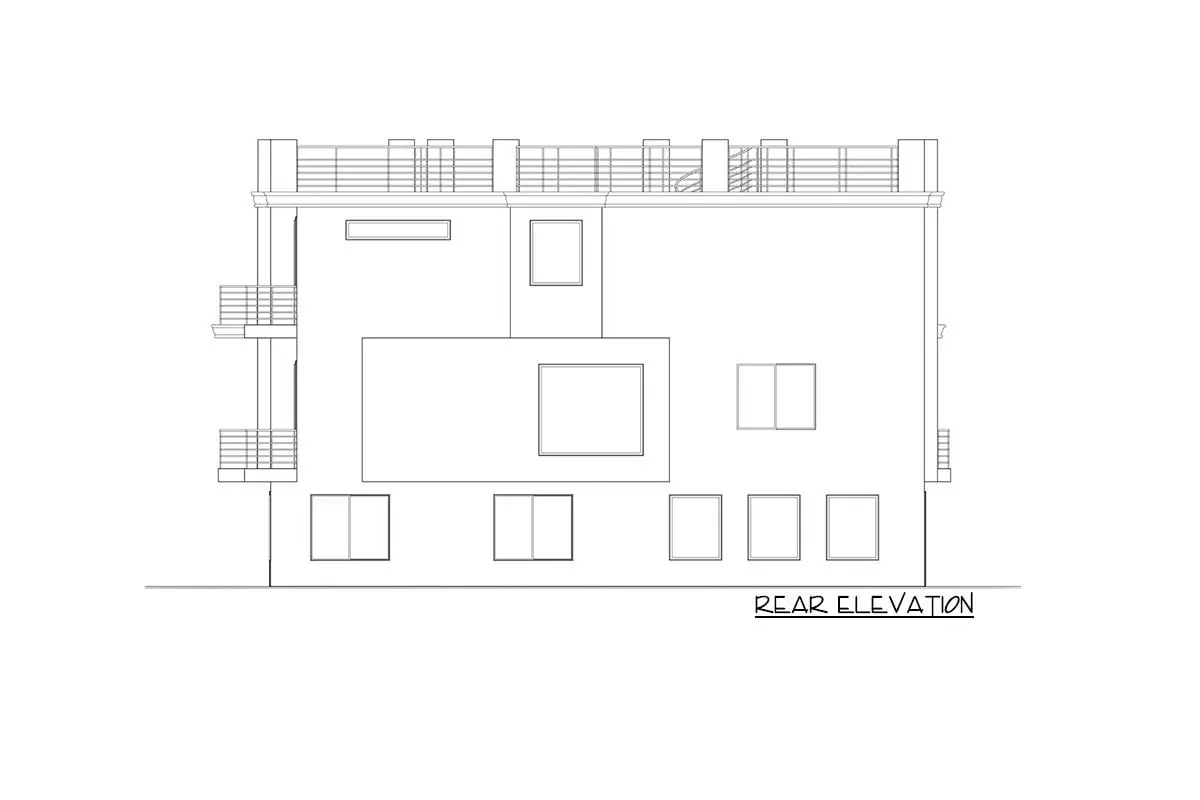 Sketch of the 3-story, 7-bedroom contemporary home's rear elevation.