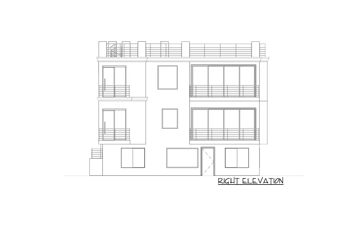 Sketch of the 3-story, 7-bedroom contemporary home's right elevation.